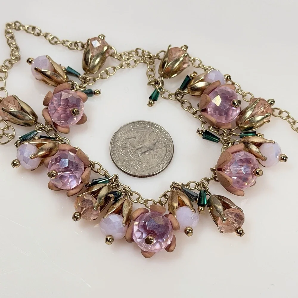 Pink Flower Necklace Glass Dangle Charm Statement Fairycore Adjust 17